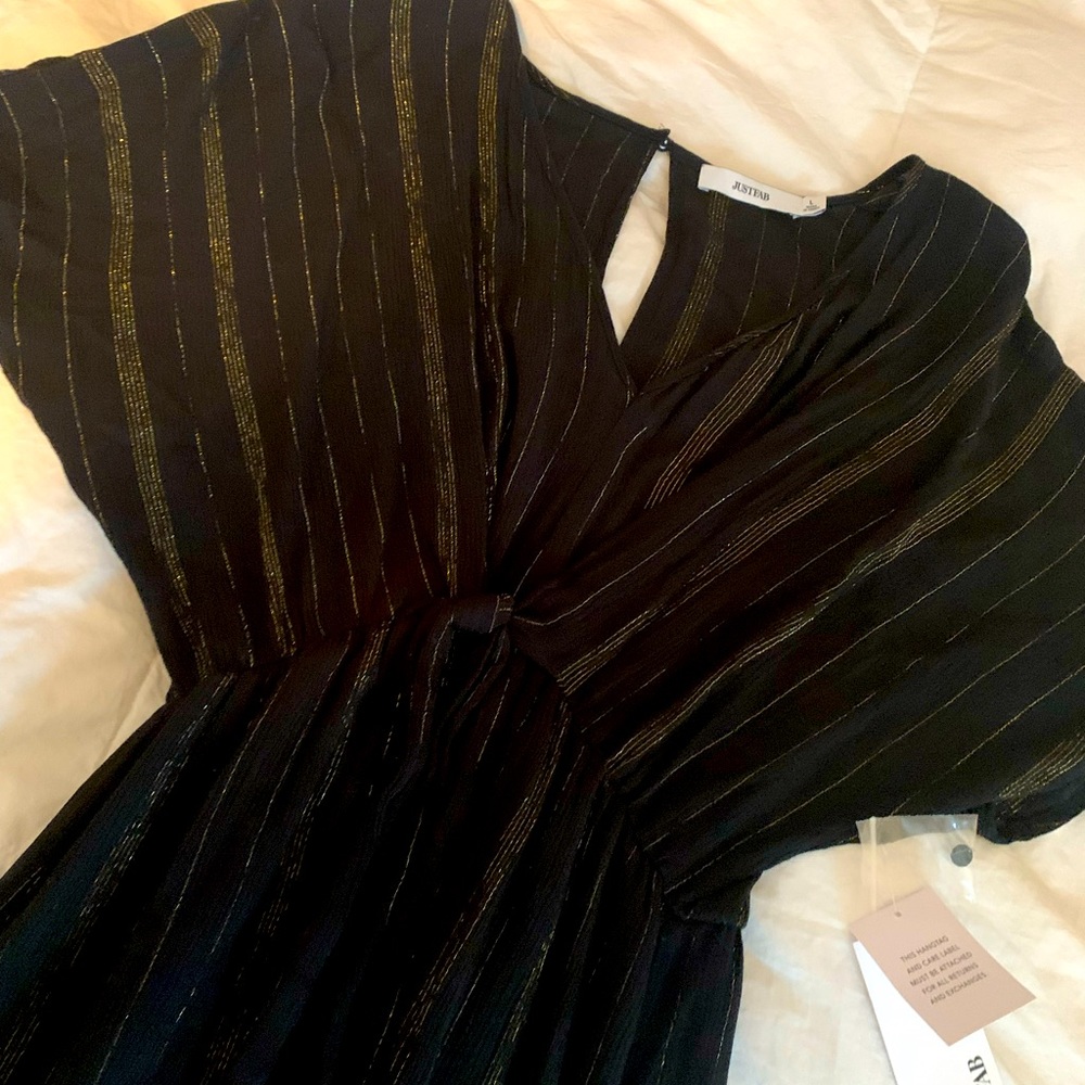 New with Tags black dress with gold metallic stitching